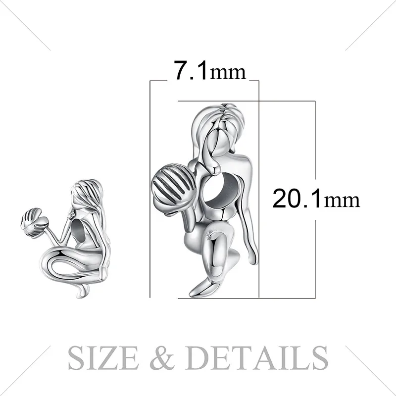 JewelryPalace 925 Sterling Silver Mermaid Sculpture Charm Beads Plain silver vintage mermaid holding shell beaded Girl gift