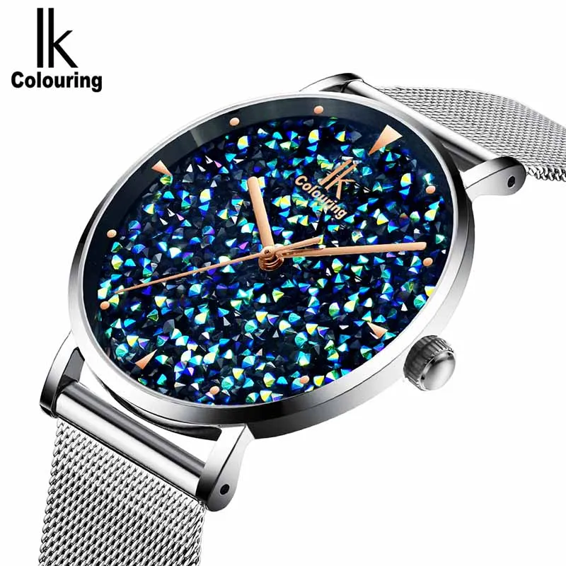 Silver black Женские кварцевые часы с плетеным стальным ремешком Relogio Feminino IK, Роскошные блестящие часы с циферблатом, женские часы Cinturino Milanese - Цвет: Silver black