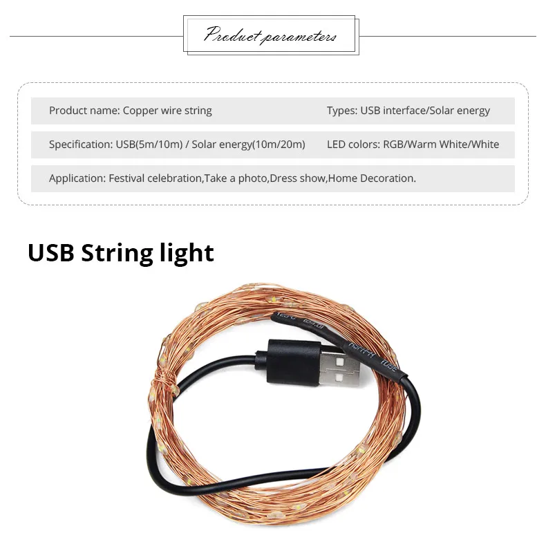 Солнечная Светодиодная лента 5 м 10 м 20 м USB или на солнечных батареях светодиодная лента светильник s медный провод струнная лампа светодиодный теплый светильник многоцветный