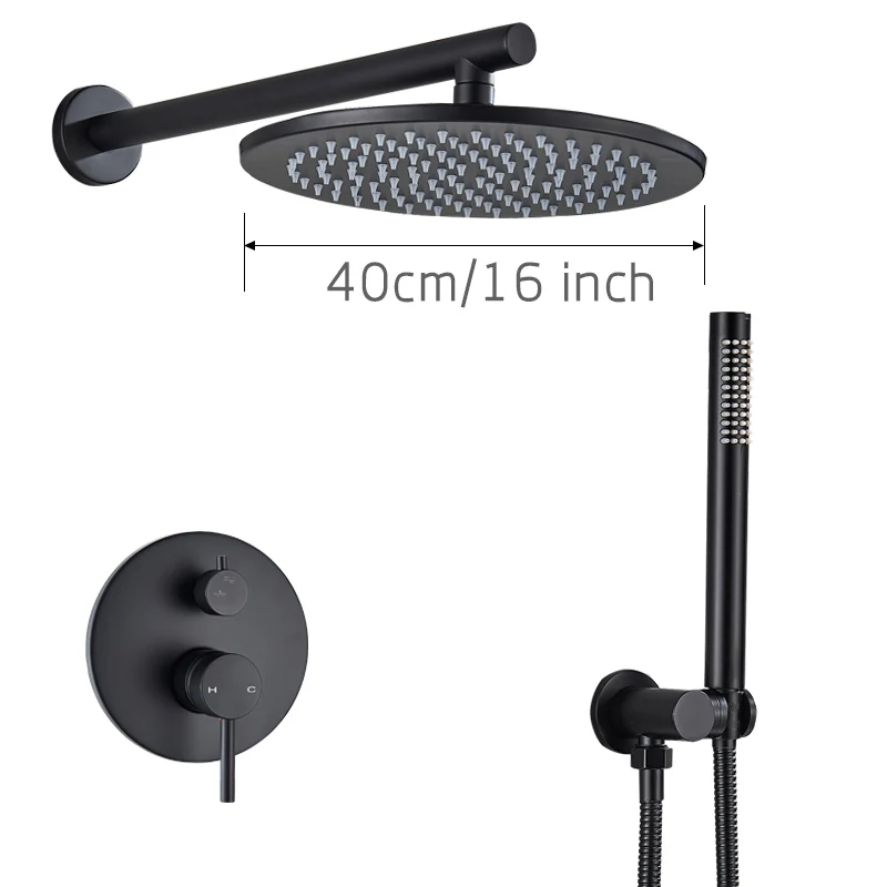16 inch Wall Mounted Матовый черный душевой кран из латуни осадков скрытый смеситель для душа кран в стену 8/10/12/1" Дождь Насадки для душа переключающий клапан - Цвет: 16 inch Wall Mounted