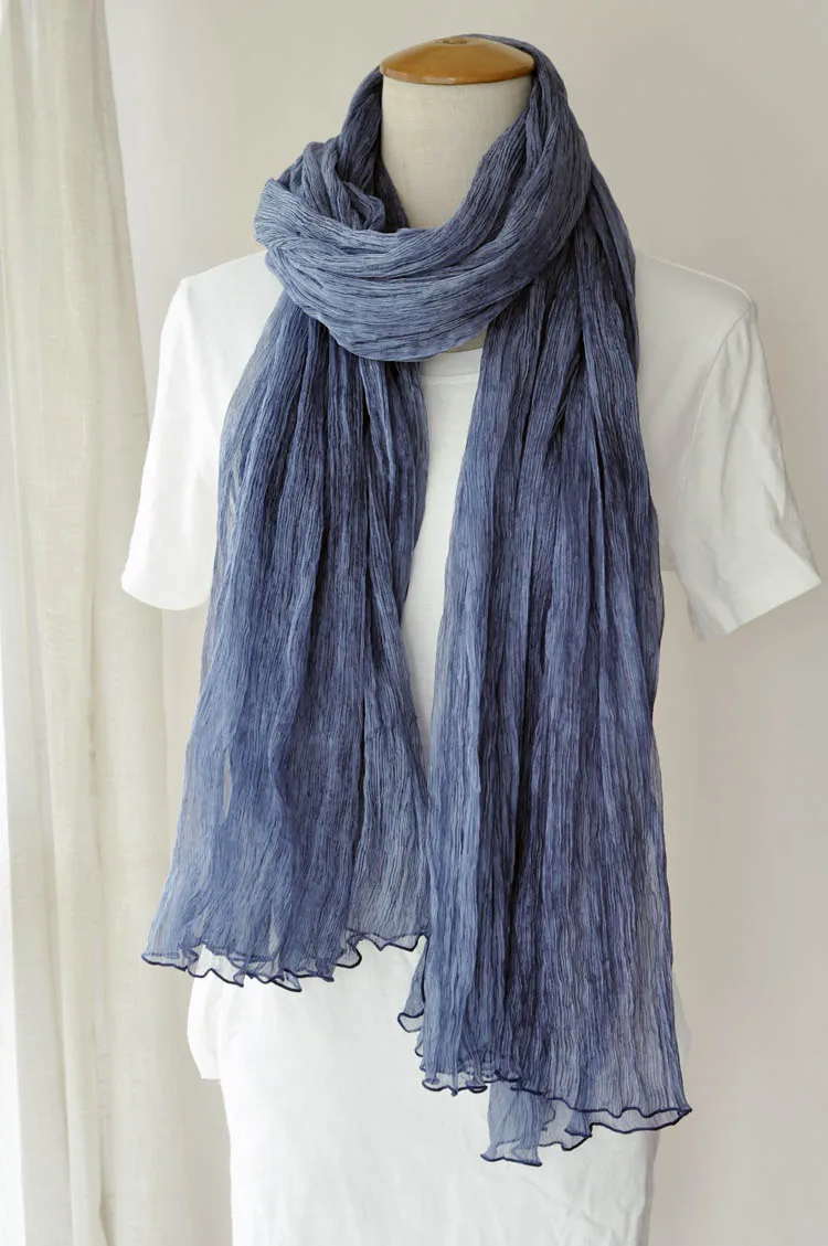 HOT SELLING Miyake Silk scarf denim blue handmade miyake pleated silk crepon women's long design IN STOCK |