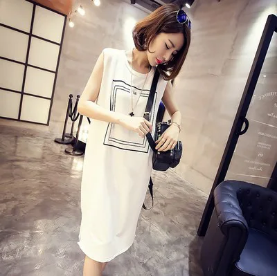 2019 T-shirt Women's Summer Korean Style of Large Size Printed Dress Hip Sleeveless Slim Ladies Casual | Женская одежда