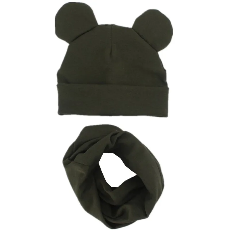 army green ear Хлопковый Детский комплект из шапки и шарфа, детские милые шапки с ушками, высококачественные шапки и шарфа для мальчиков и девочек, детские шляпы, реквизит для фотосессии - Цвет: army green ear