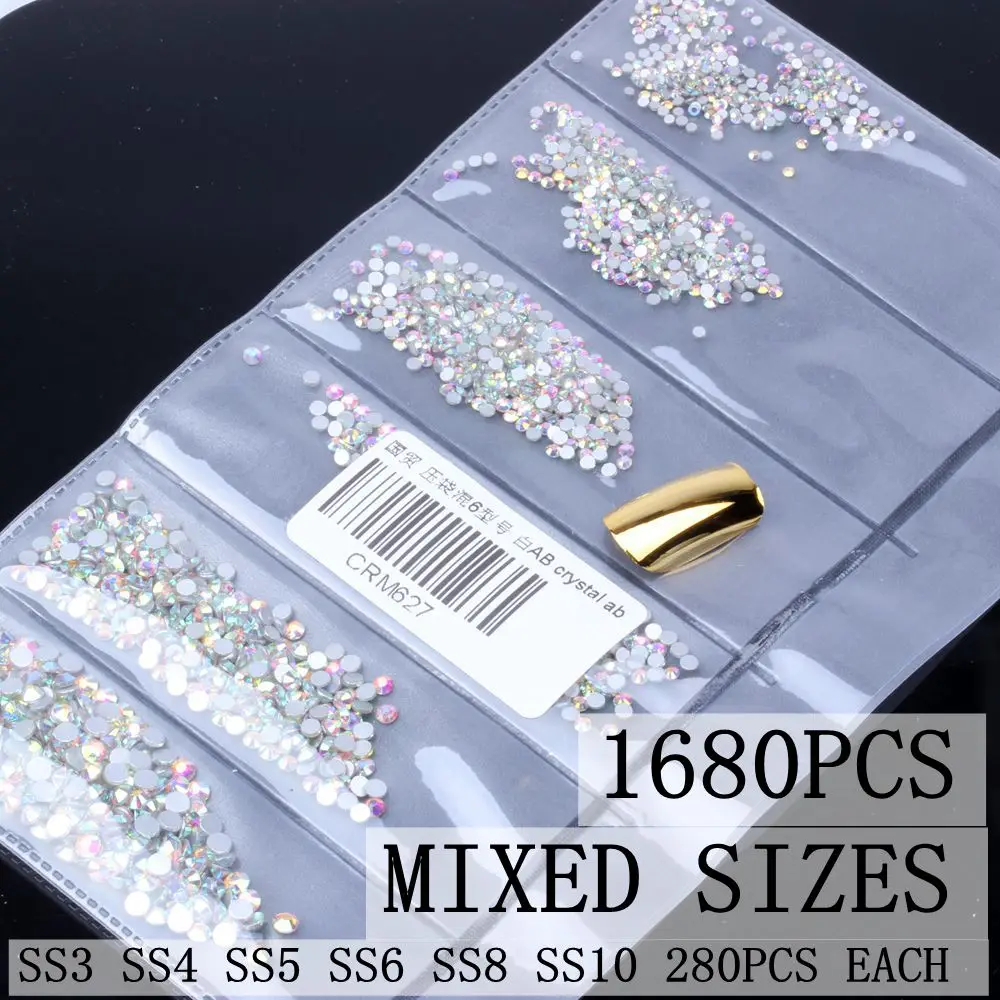 AB ss3-10 1680pcs Супер Блестящий SS3-SS30 хрустальные стразы AB с плоской задней частью Стразы для ногтей 3D не горячей фиксации украшения для ногтей DIY стеклянный маникюр - Цвет: AB ss3-10 1680pcs