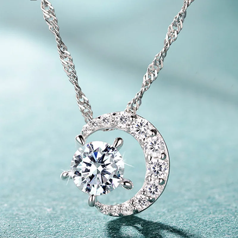 Fashion Simple Cresent Star &amp Moon Necklace Rhinestone Shiny Crystal Half Pendant For Women CZ Choker Jewelry | Украшения и