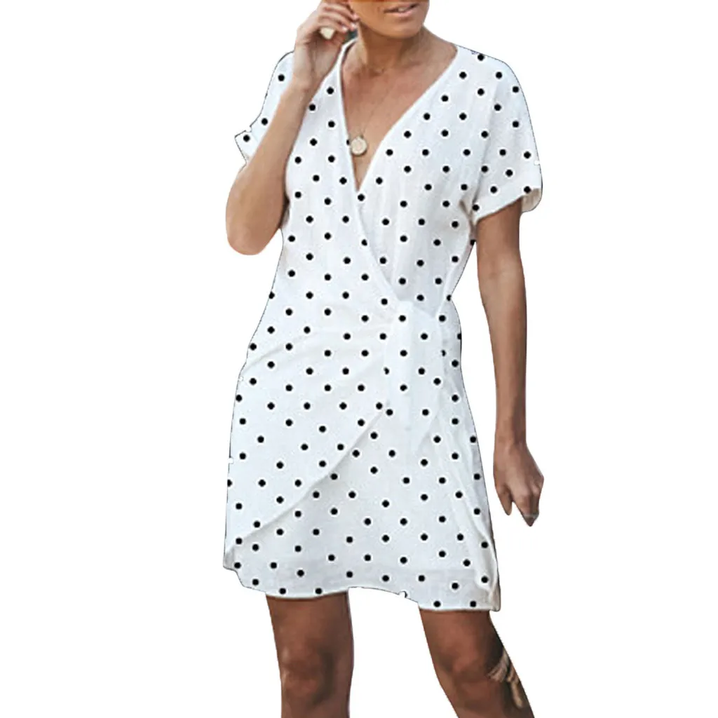 Женские летние Boho с коротким рукавом сексуальные v образным вырезом в горошек