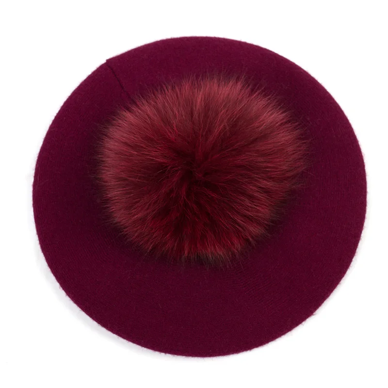 Wine Red B Geebro, женские береты, шапка, зимние, повседневные, вязаные, шерстяные береты с натуральным мехом енота, с помпоном, женские, одноцветные, береты, шапки GS109 - Цвет: Wine Red B