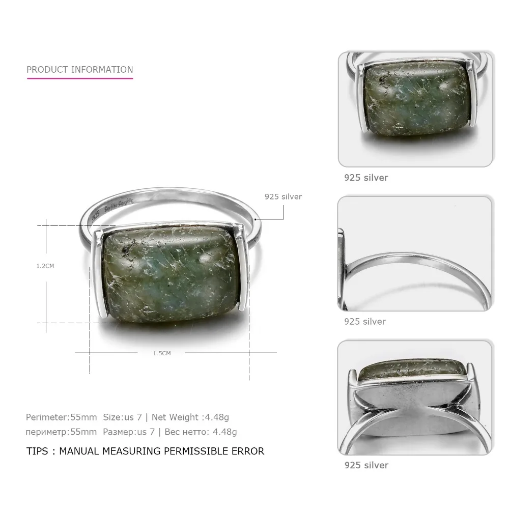 e-Manco Big Natural Stone Rings 925 Silver Black Rectangle Party For Women Fine Jewelry Simple Trendy | Украшения и аксессуары
