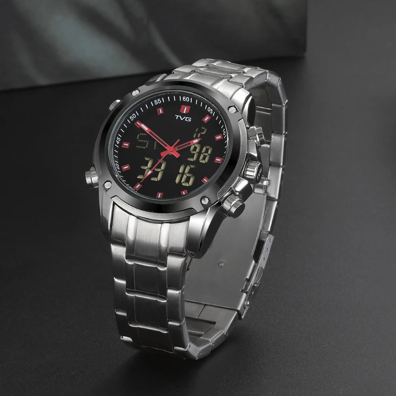 

TVG Mens New Fashion Sport Watch Men Quartz Analog Military Watch Red Dot Waterproof LED Digital Watch Full Steel Free Postage