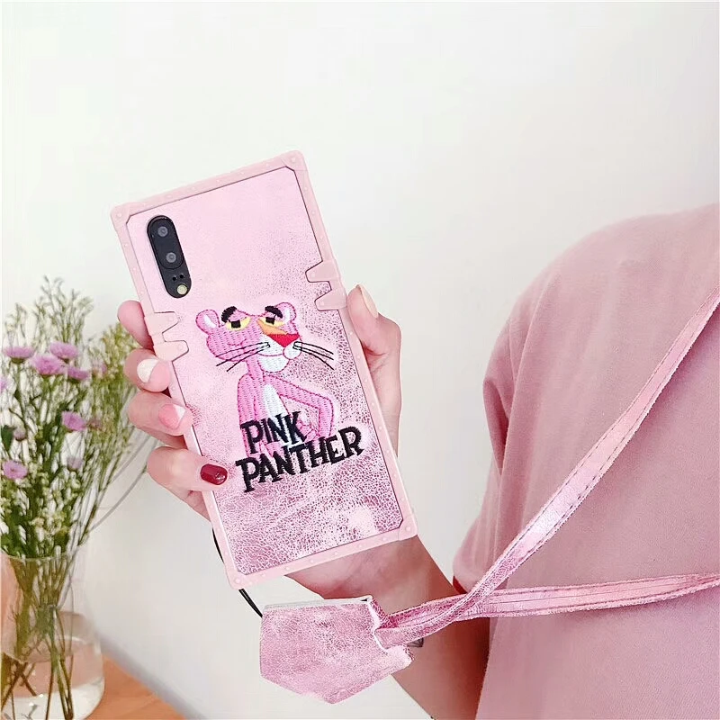 Роскошный чехол с квадратной вышивкой Розовая пантера для Huawei P20 Pro Кожаный