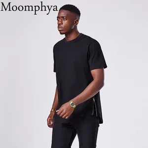 Мужская футболка с коротким рукавом Moomphya, уличная футболка из 100% хлопка с удлиненным подолом и боковой молнией, 2020