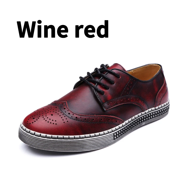 Red wine BIMUDUIYU весенне-осенняя новая модная обувь качественная мягкая повседневная мужская обувь из натуральной кожи с перфорацией типа «броги» Большие размеры 38-48 - Цвет: Red wine