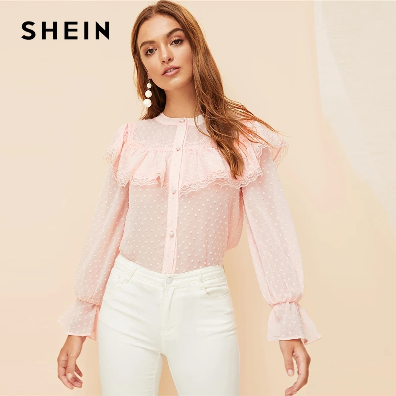 SHEIN Романтический пастельный розовый топ в горошек с оборками, жаккардовый Топ, блузка на пуговицах, женские весенние блузки с рукавами-воланами, милые элегантные блузки