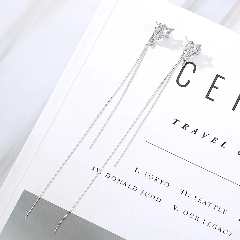 OMHXFC Wholesale European Fashion Woman Girl Party Gift Star Tassel Ear Lines Zircon 100% 925 Sterling Silver Stud Earrings EN63 | Украшения