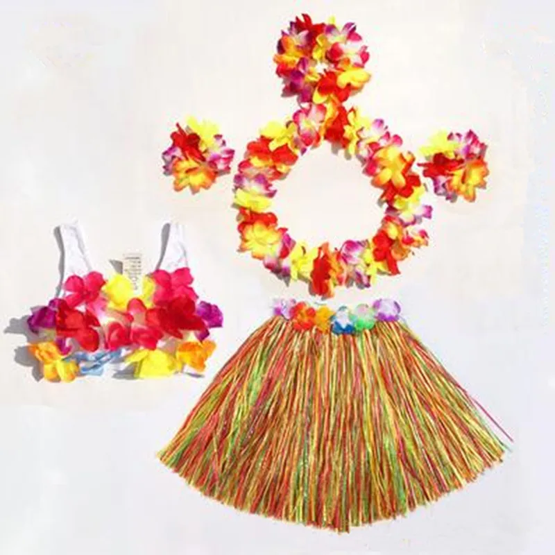 

New Hawaii Flower Lei Headband Garland Wreath Wristbands Grass Skirts Bra Kids Girls Summer Party Favor