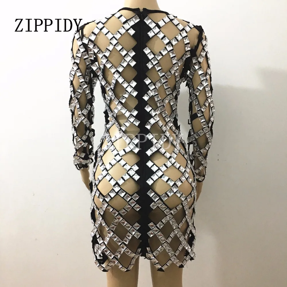 Большие блестящие камни стрейч полые платье Женский певец танцор костюм цельное