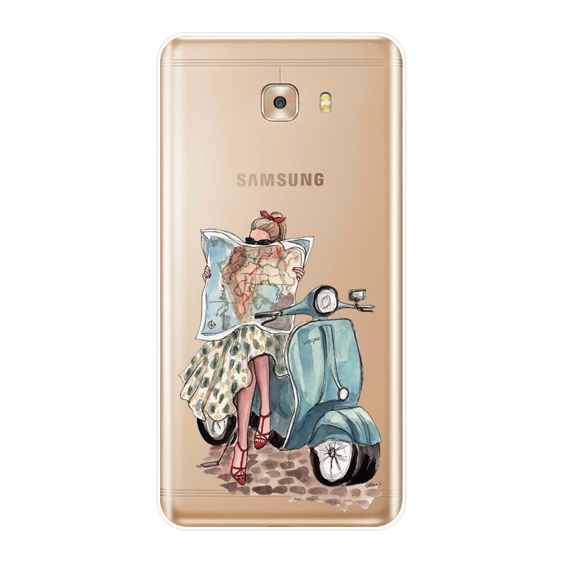 Силиконовый чехол для телефона Samsung Galaxy C5 C7 C8 Черный дорожный Женский мягкий с