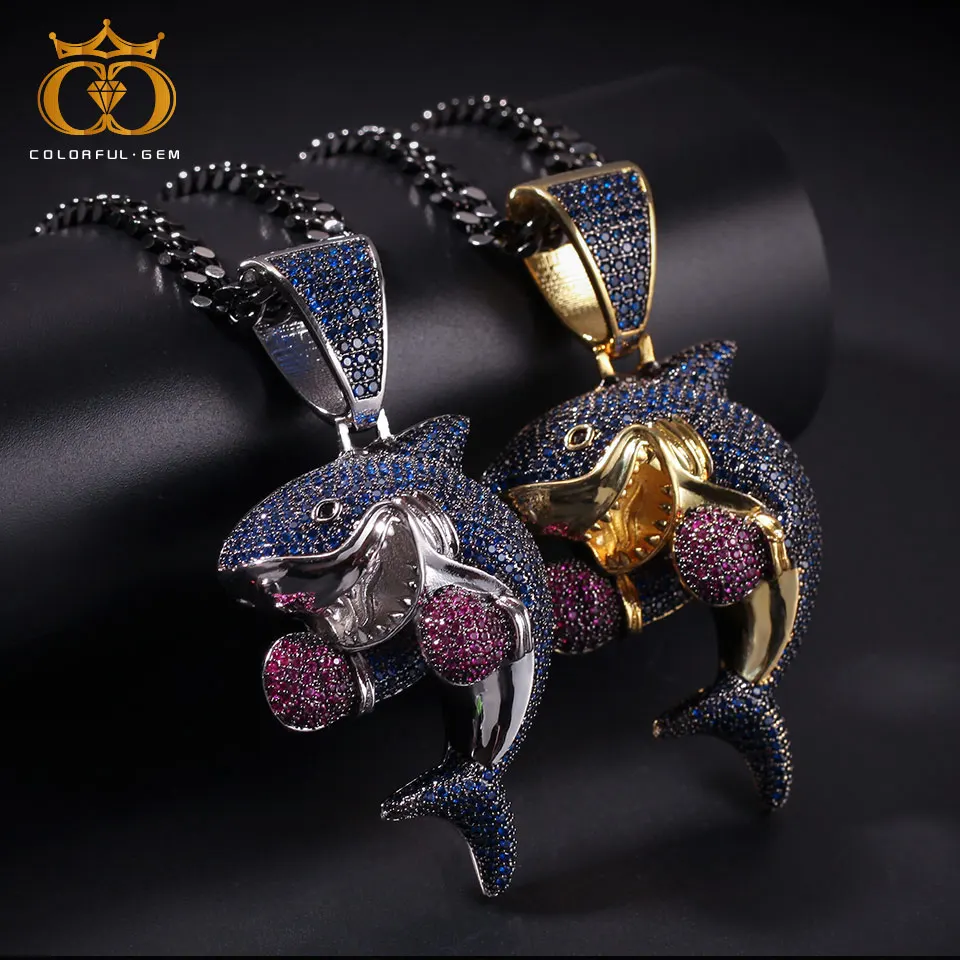 Красочные. Драгоценный камень Iced Out CZ открытый рот Акула с боксерскими перчатками