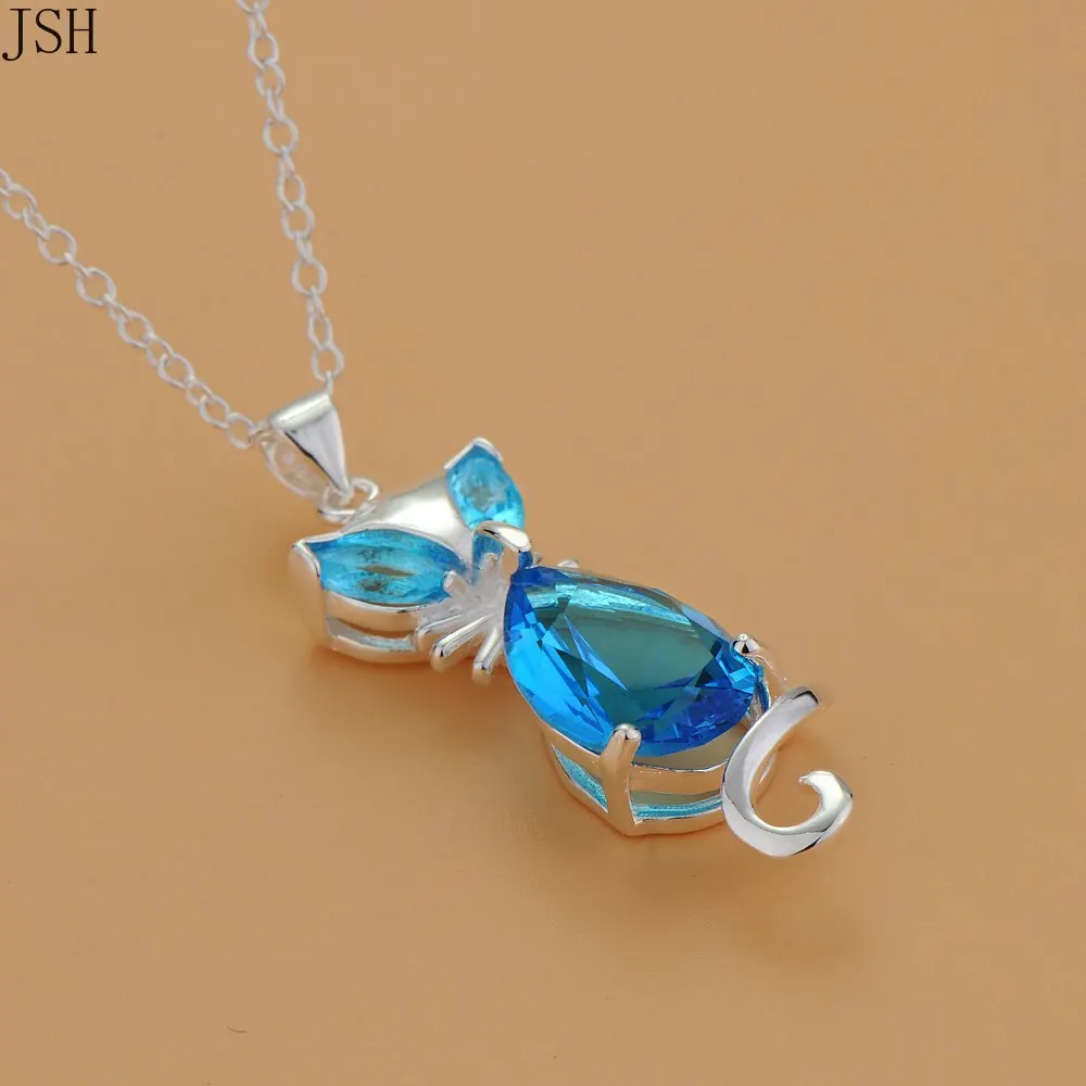 For women lady silver color fashion CZ STONE wedding elegant kitten red blue crystal necklace charms Best Gift cute AN757 | Украшения и