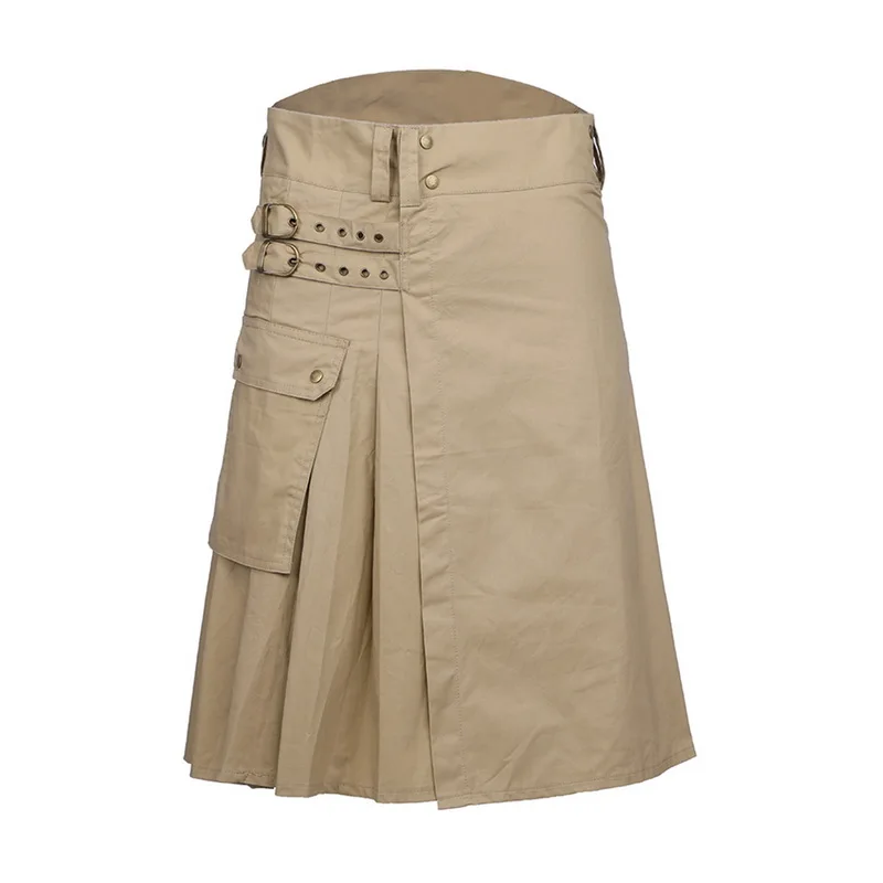 Khaki Puimentiua шотландская Мужская однотонная Классическая Ретро традиционная клетчатая средневековая карго индивидуальность шотландские килты клетчатый узор юбки - Цвет: Khaki