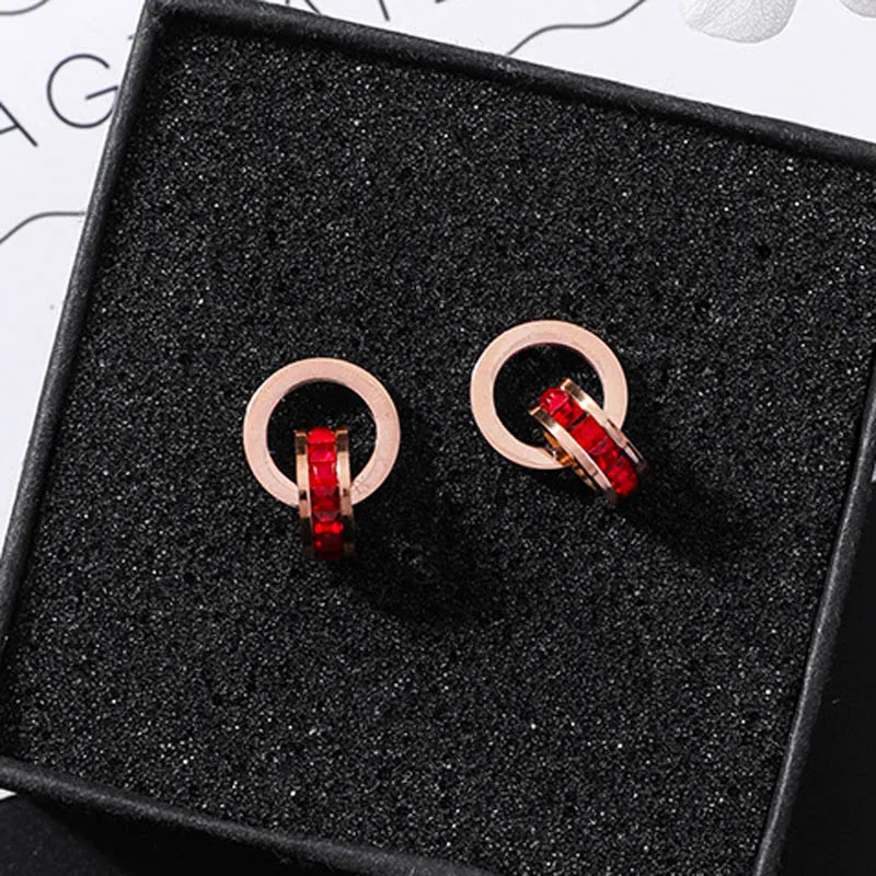 Корейские серьги гвоздики из титановой стали с двойным кругом простые красным