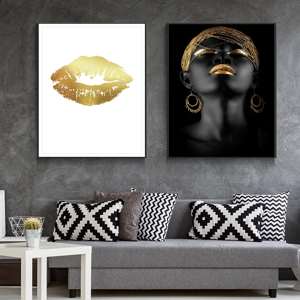 

Black woman Model Prints Posters Golden Monstera Lips Cuadros Decoracion Abstract Wall Art Pictures For Living Room Modern Decor