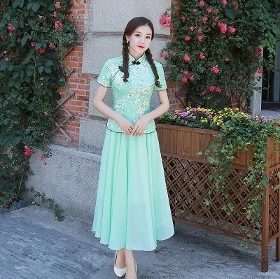 green top and skirt Sheng Coco 3XL 4XL вишневые рубашки Cheongsam блузка желтый цветочный принт Элегантные классические женские топы Ципао китайский стиль - Цвет: green top and skirt