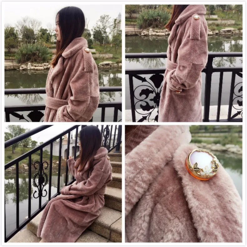 YIGELILA, 9512, последняя Зимняя мода, розовый, отложной воротник, халат, стиль, широкий пояс, длинный, искусственный шерсть, мех, плащ