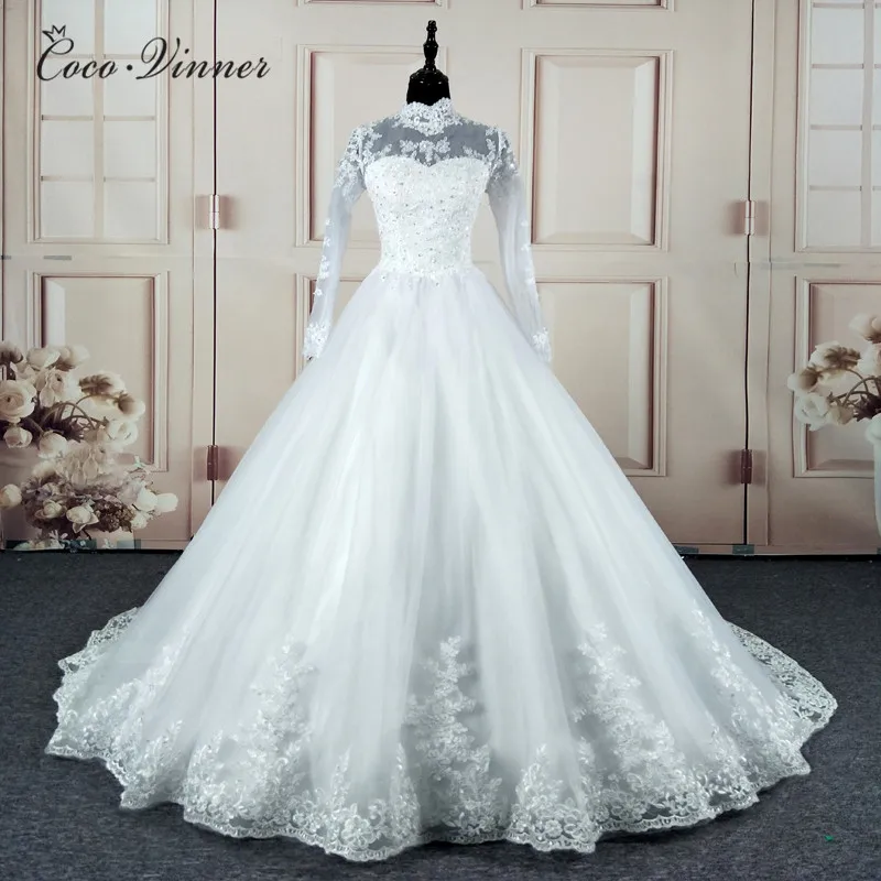 High Neck Vestido De Noiva IIIusion Back Long Sleeve Wedding Dress 2021 Custom made Lace Applique Ball Gown W0019 | Свадьбы и