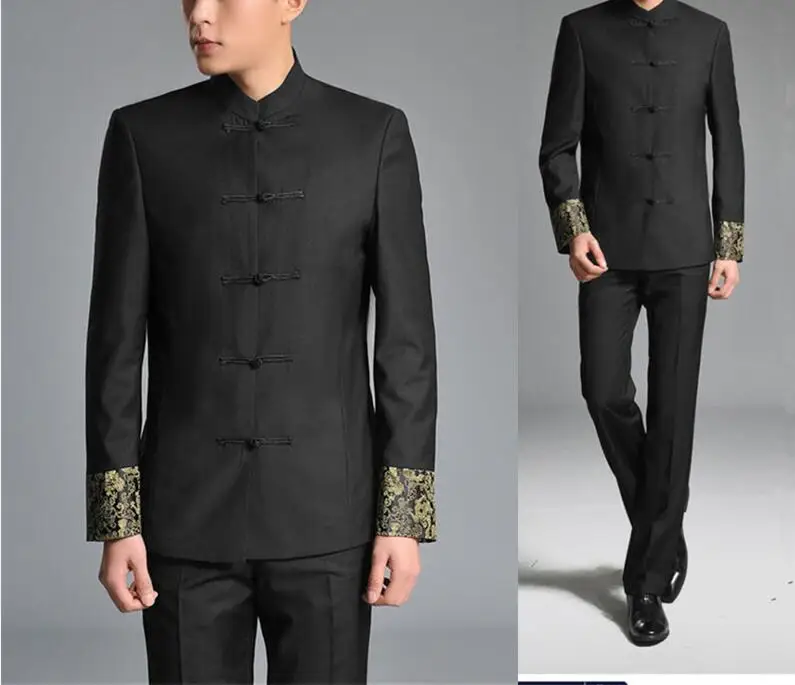 2 Pcs Jacket+Pants Chinese Tunic Suits Men Stand Collar Black Suit Male Slim School Wear Men Blazer Fress Shipping 17