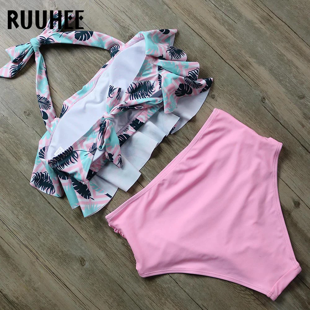RUUHEE, бикини, с оборками, купальник, для женщин, Холтер, бикини, набор, высокая талия, купальник, пуш-ап, пляжная одежда, Мягкий купальник