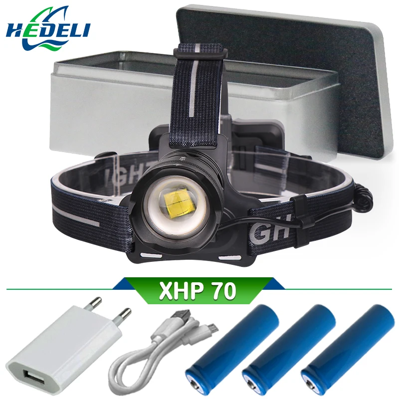 Зум высокой мощности led xhp70 налобный фонарь lampe frontale puissante перезаряжаемый