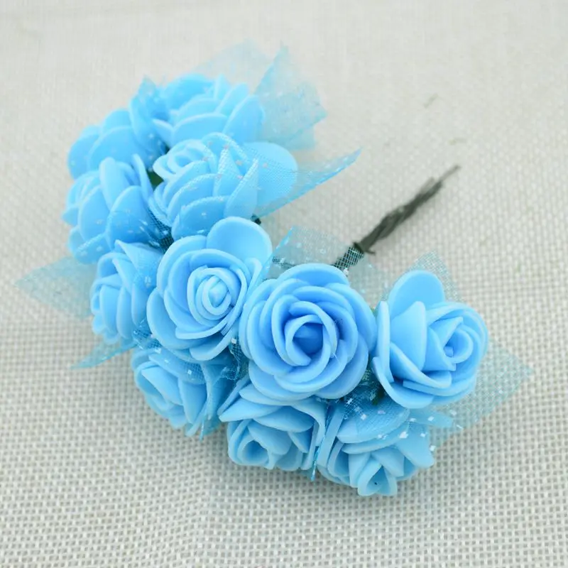 blue 12 шт. Дешевые DIY Мини розы Искусственные цветы кружева свадебные цветы украшения цветок пена ручной кольцо материал - Цвет: blue