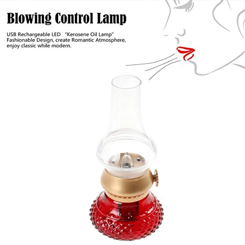 LED Rechargeable Flameless Candle Lantern Vintage Oil Table Lamp with Blow ON/OFF Control Dimmer Control Kerosene Night Light