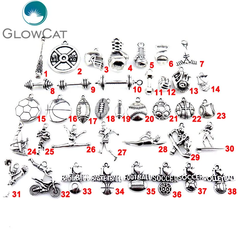 

GLOWCAT 21861 Vintage Metal Sports Charms for Jewelry Making DIY Boxing Volleyball Pendant Charms Jewelry Handmade Crafts No1-24