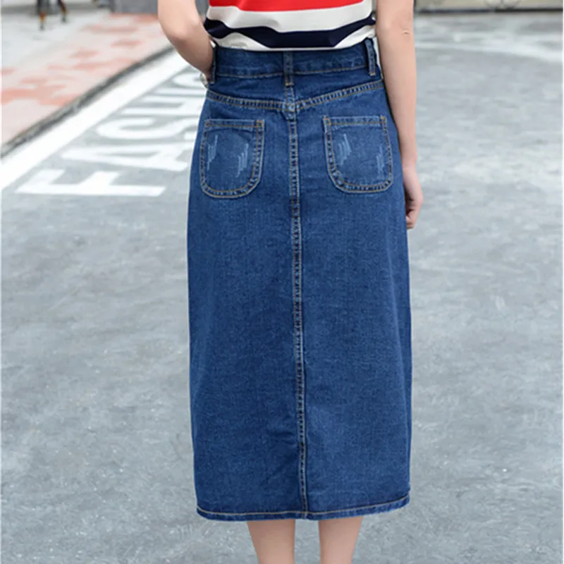 Женская джинсовая юбка новинка весны лета 2018 на бедрах с высокой талией длинная