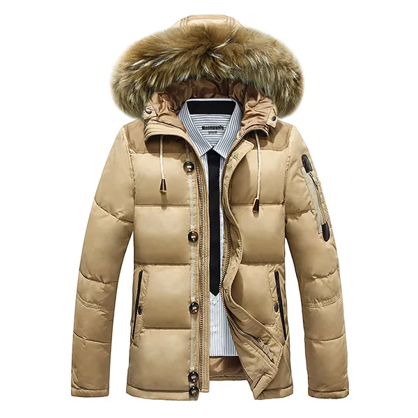 Khaki Теплая зимняя куртка на утином пуху для мужчин с меховым воротником, утолщенная парка, пальто с капюшоном, Повседневная зимняя верхняя одежда, пуховики - Цвет: Khaki