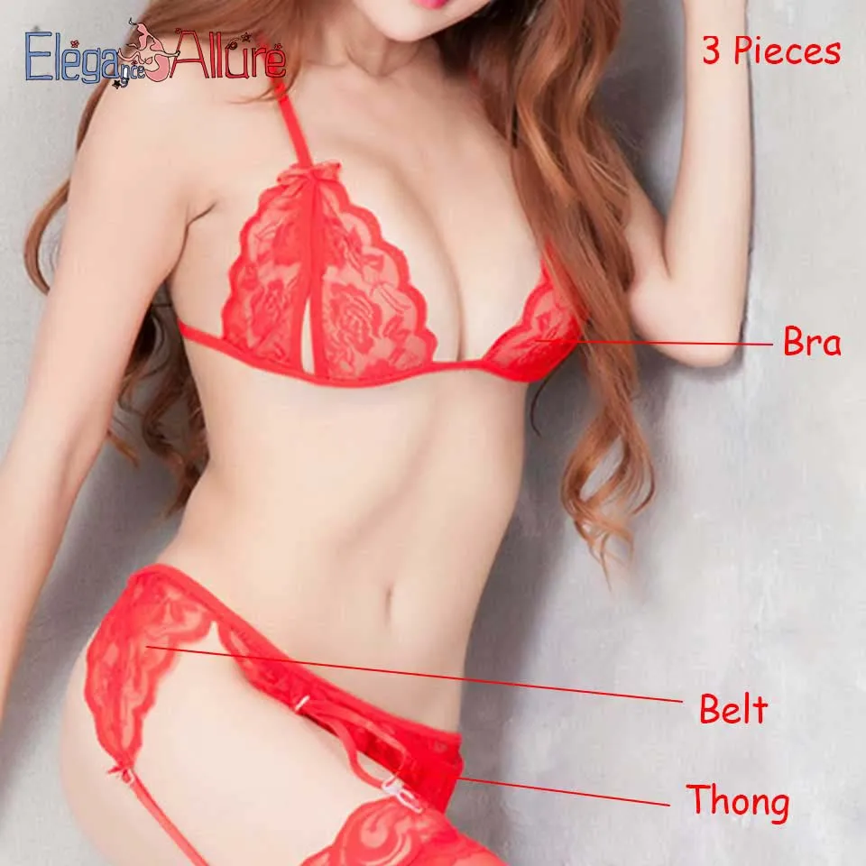 Red 3pcs E& A нижнее белье, сексуальное эротическое нижнее белье, экзотическое, 4 шт., комплект нижнего белья, Кружевной Костюм, прозрачный бюстгальтер, трусики с подвязками, Чулки с поясом - Цвет: Red 3pcs