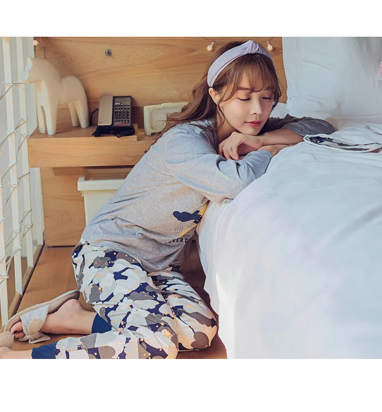 Женские пижамные комплекты лето 2019 пижама с круглым вырезом и рисунком брюки