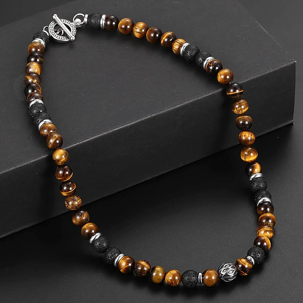 8mm Men's Unique Natural Tiger Eyes Stone Lava Bead Necklace Stainless Steel Bead Charm Link Chain Male Jewelry Gift TNB002