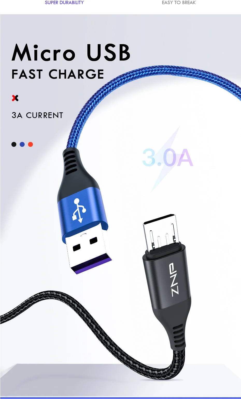ZNP 3A usb type C кабель для samsung Xiaomi Redmi Note 7 K20 Oneplus 7 Pro Быстрая зарядка USB C зарядное устройство кабель usbc для мобильного телефона