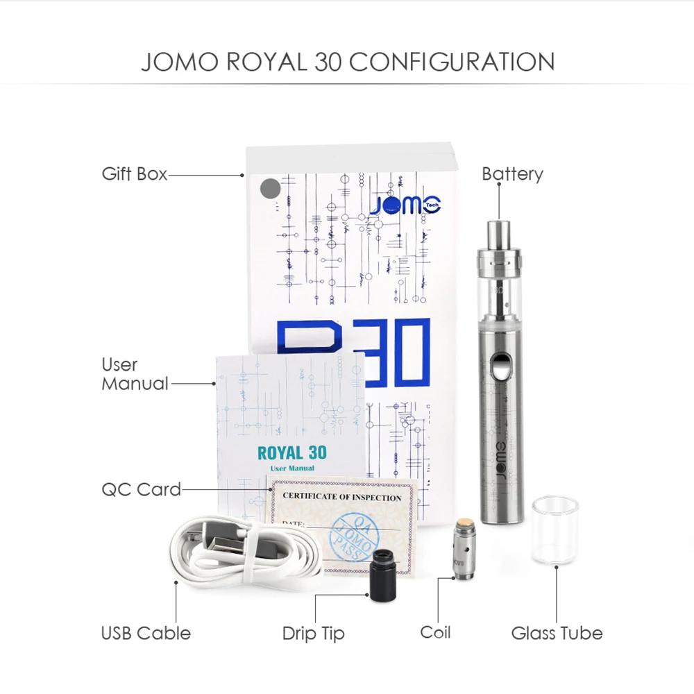 

Original JOMO Royal 30W All-in-one Electronic Cigarette KIT 0.4ohm 5 Colors Vape Pen Box Mod e Cigarette Kits