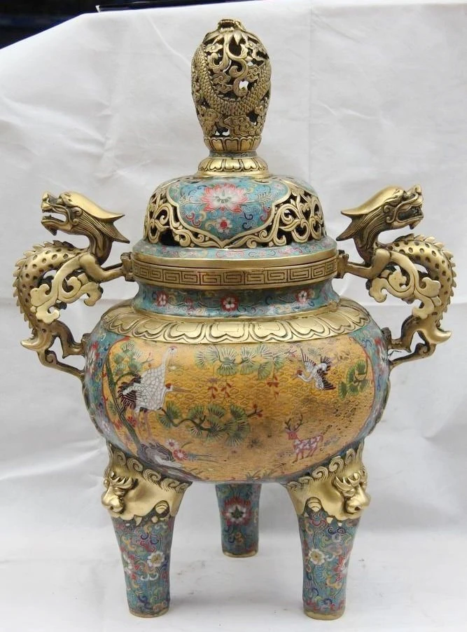 

Chinese Bronze Cloisonne Foo Dog Dragon Red-crowned Crane incense burner Censer