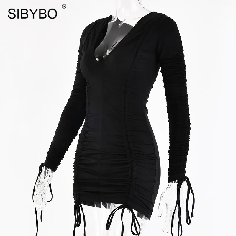 SIBYBO, Осеннее Плиссированное сексуальное мини-платье с длинным рукавом, модное облегающее Повседневное платье с v-образным вырезом, женские уличные облегающие вечерние платья