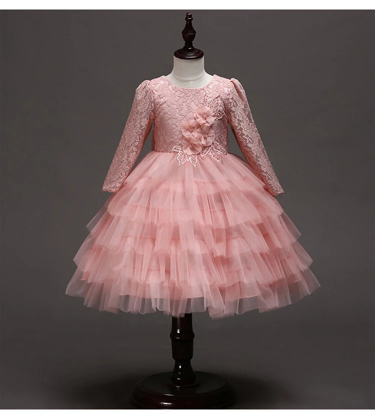 Wedding flower girl kids dress for girls Elegant wedding party princess Open back bud silk gauze long sleeve cake dresses | Детская