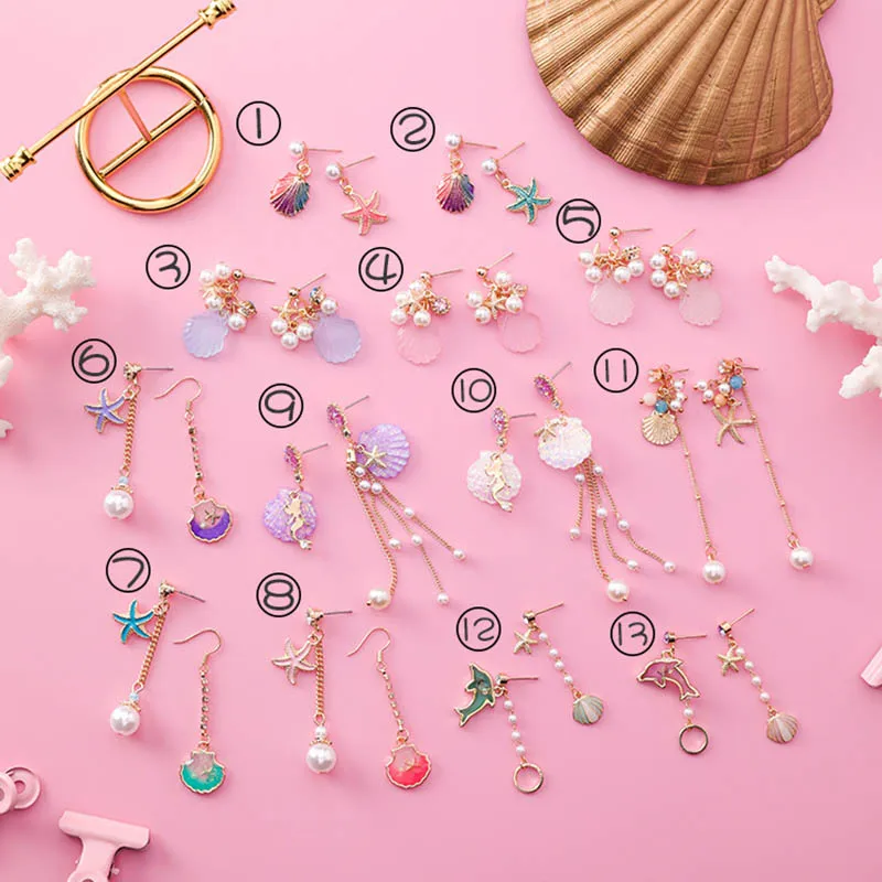 Summer Shell Starfish Tassel Stud Earrings For Women Korean Cute Simulated pearl Asymmetry Jewelry Seaside Holiday Gift | Украшения и