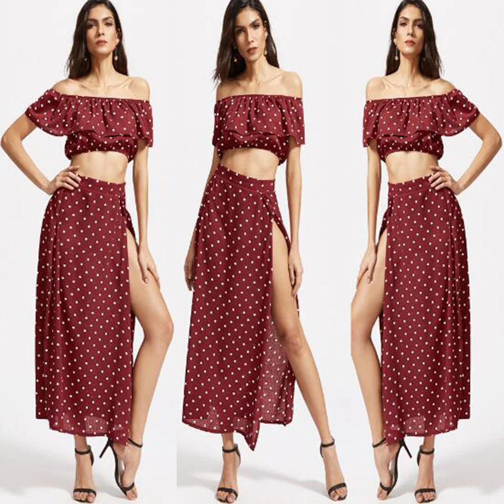 YJSFG HOUSE Elegant Summer Long Maxi Dress Women Two Piece Set Ruffle Slash Neck Crop Tops Vintage Sexy High Split Beach Skirts | Женская
