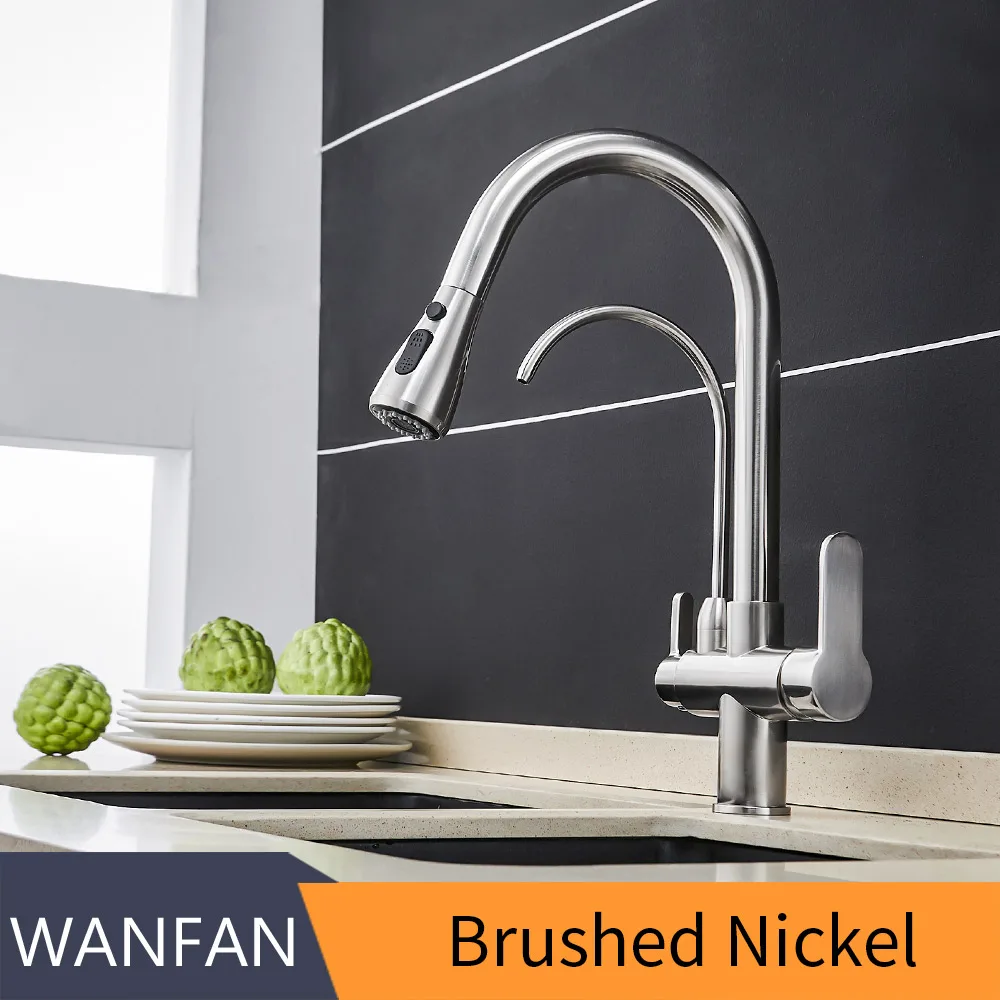 Brush Nickel Кухонные смесители torneira para cozinha de parede кран для кухни фильтр для воды кран Три способа смеситель для раковины кухонный кран WF-0195 - Цвет: Brush Nickel