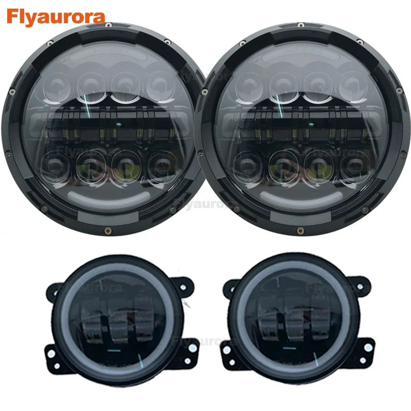 80w black set Комплект 60 Вт 7 дюймов светодиодный фары с 4 дюйма светодиодный фонарь Белый DRL Halo Кольцо для Jeep Wrangler 97- JK TJ для jeep compass - Цвет: 80w black set