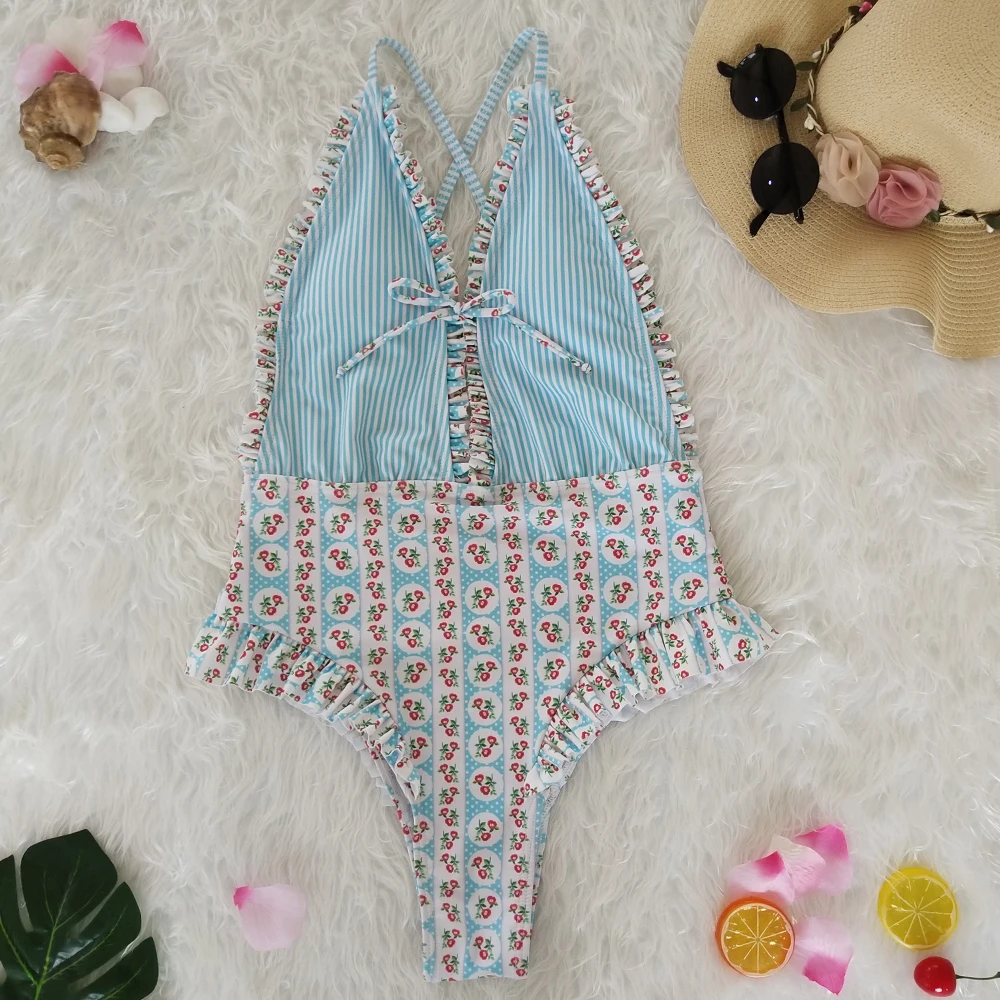 Хит 2018 Женский цельный бикини с цветочным принтом купальник оборками бандажный